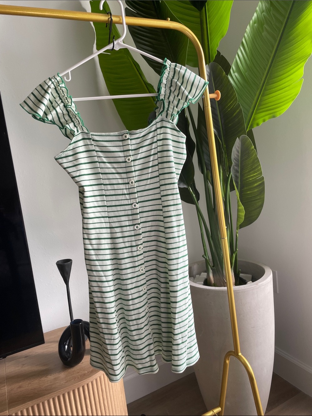 Forever 21 Green & White Striped Button-Front Mini Dress